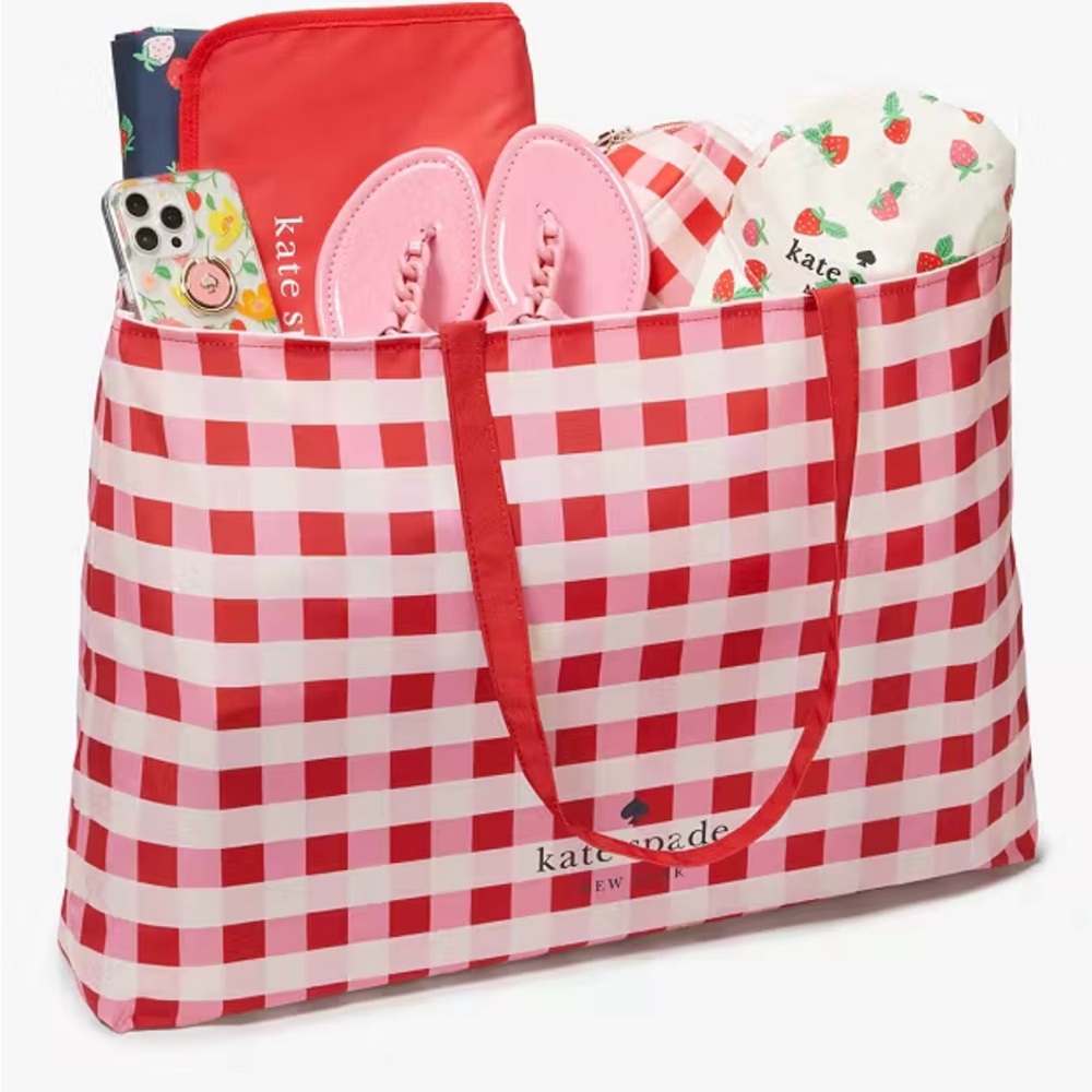 Kate Spade Large Gingham Tote: Pink Multi, Foldable Canvas Shopping or Beach Bag